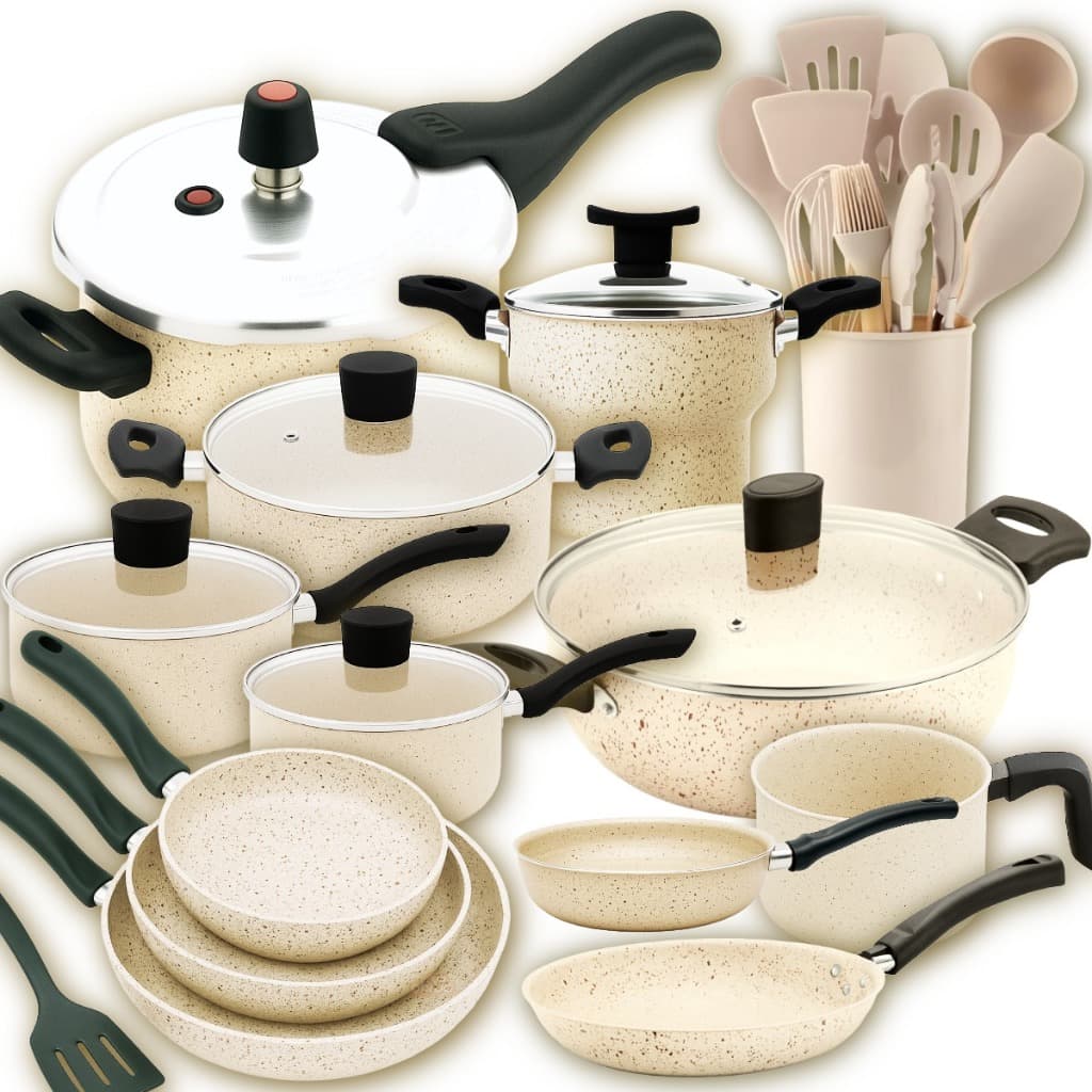 Jogo de Panelas Teflon 25p Vanilla Panelas Grandes c/ Frigideiras + Pressão 4,5L + Wok + Utensílios