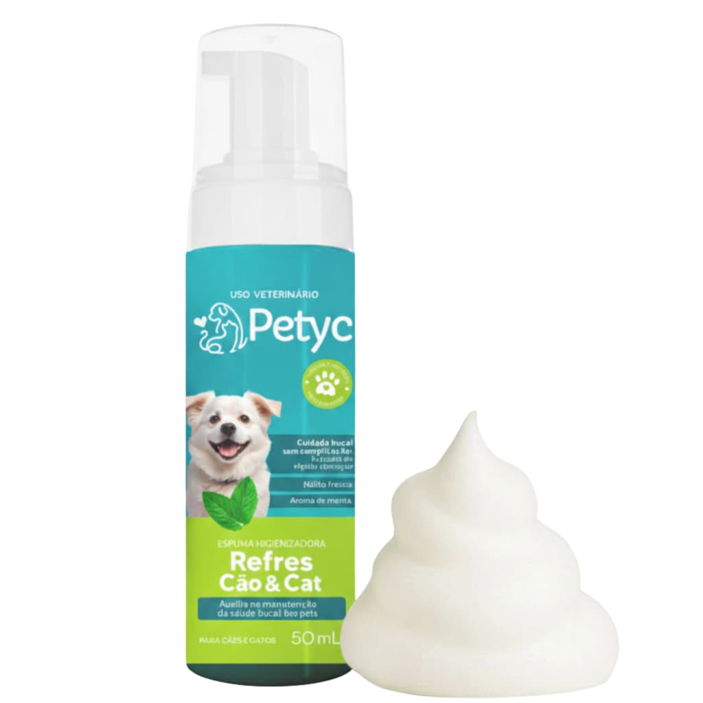 Espuma Higienizadora Petyc 50ml para Cães e Gatos Higiene e Cuidado Bucal Hálito Refrescante Sabor Menta