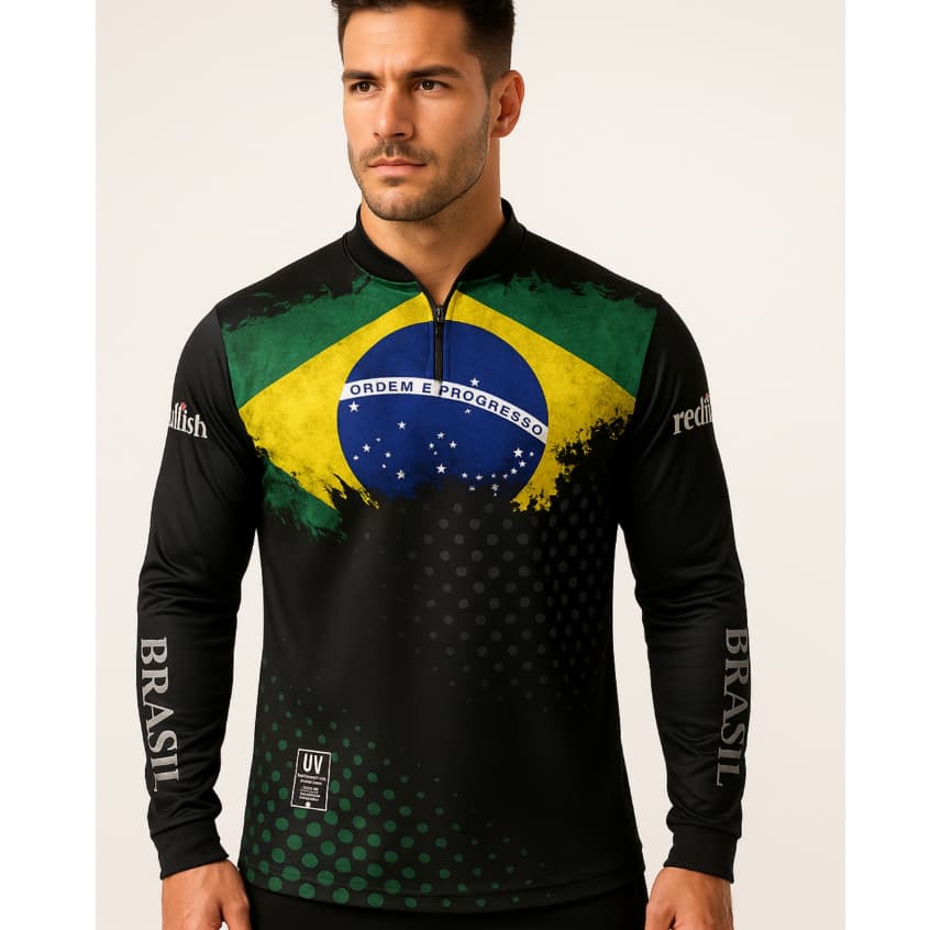 Camisa Camiseta Blusa de Pesca Camping Agro proteção UV BRASIL C/ Bolsa Personalizada