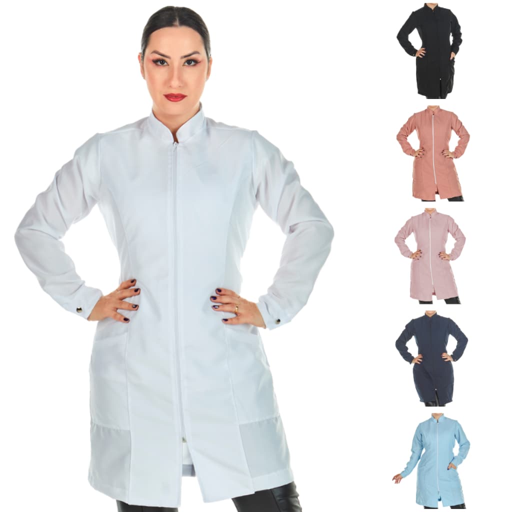 Jaleco Feminino Acinturado Oxford Manga Longa Com Zíper Gola Padre Várias Cores Estética Enfermagem