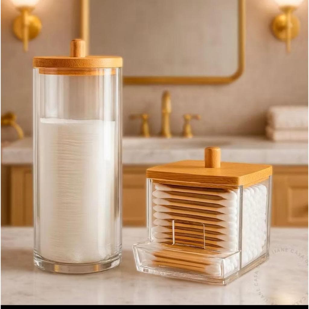 Kit Porta Algodão Cotonete Organizador Tampa Bambu Makeup PLATINA