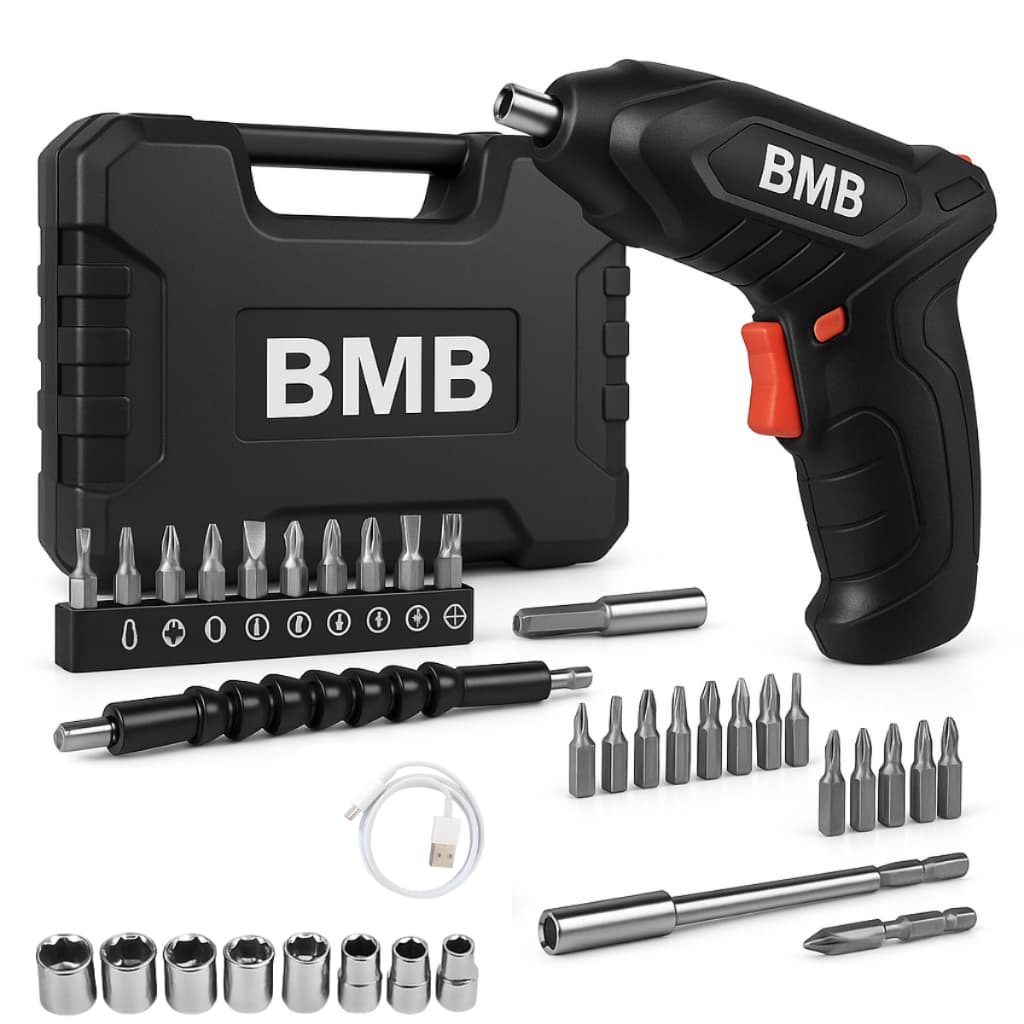 Parafusadeira e Furadeira Sem Fio à Bateria com Kit 48 Peças Carregamento USB Dupla Posição Bivolt