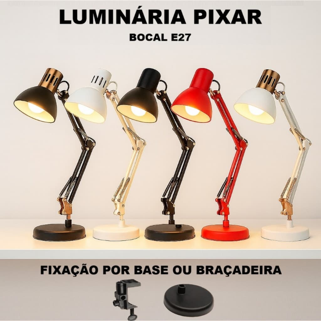 Luminária de Mesa Pixar Escritório Abajur Articulada Com Garra E Base Preto Branca 110v/220v