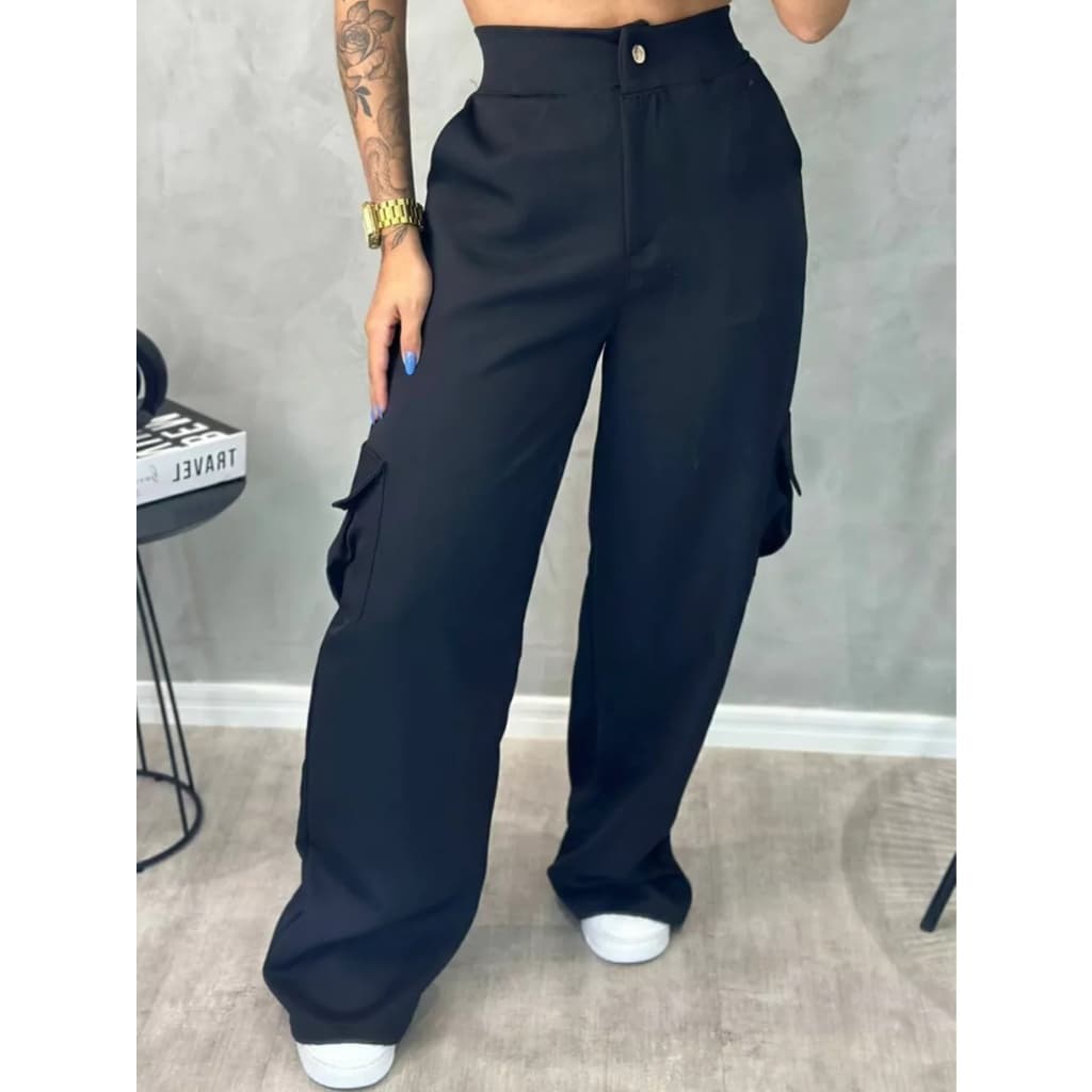 Calça Feminina Cargo Alfaiataria Pantalona com Bolsos Laterais Cintura Alta