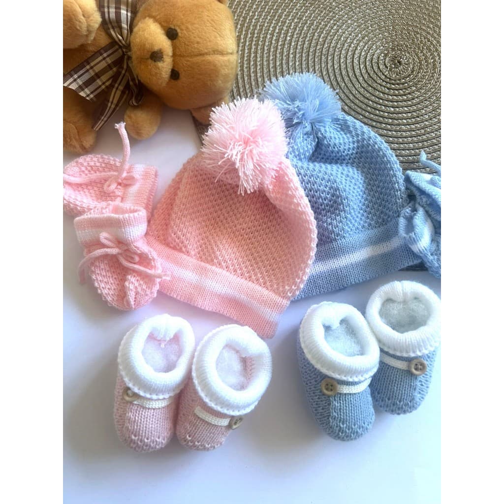 KIT Touca luva e sapatinho para Bebê recém nascido maternidade 0 a 3 meses em tricô de Linha
