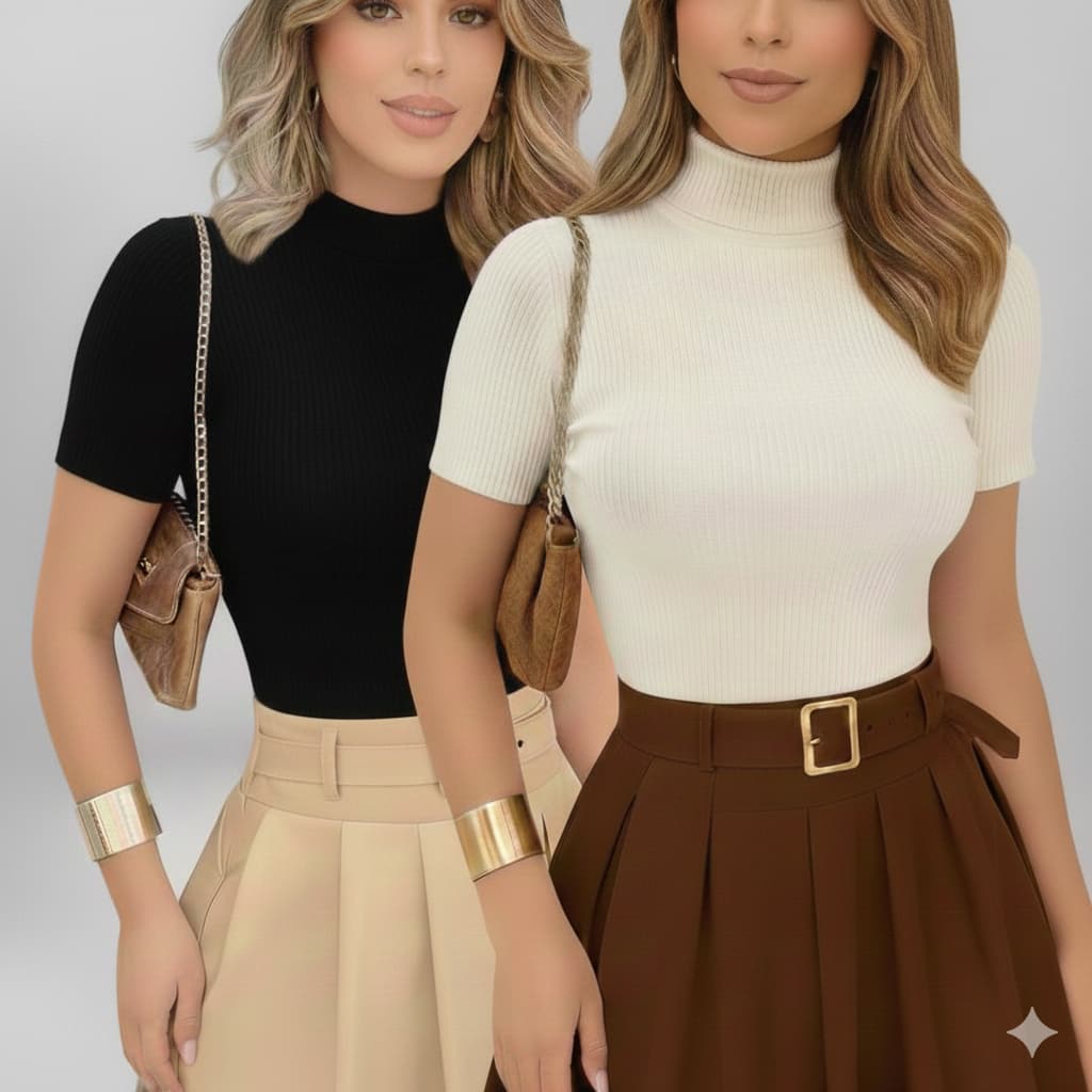 Kit 2 Blusas Feminina Gola Alta Manga Curta