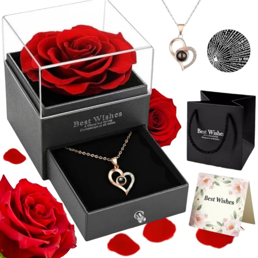 Rosa Eterna Preservada Caixa Presente E Colar Feminino Eu Te amo 100 Idiomas Mãe Esposa Namorada Presente Para Mulher