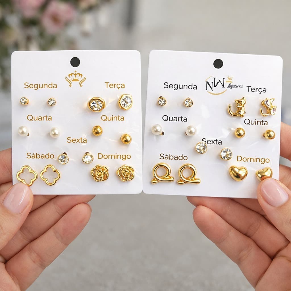 Conjunto 7 Brinquinhos Feminino Sortido Cartela Dourado Prateado