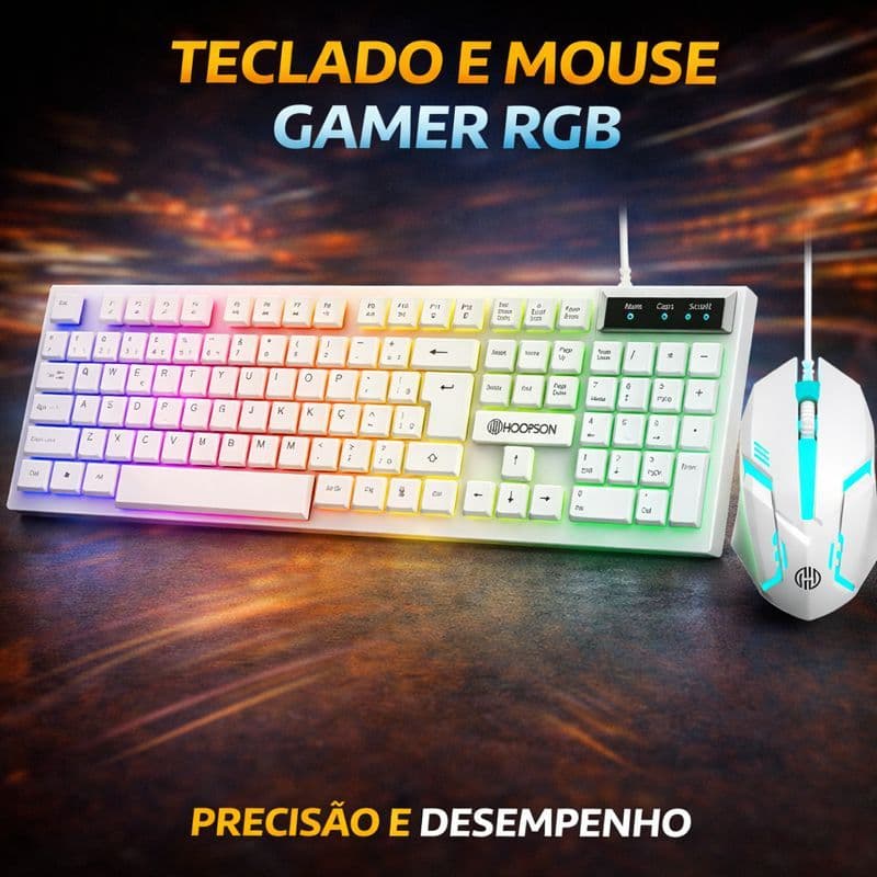 Kit Teclado e Mouse branco Gamer RGB LED USB ABNT2 Profissional com Luz para PC Notebook Promoção