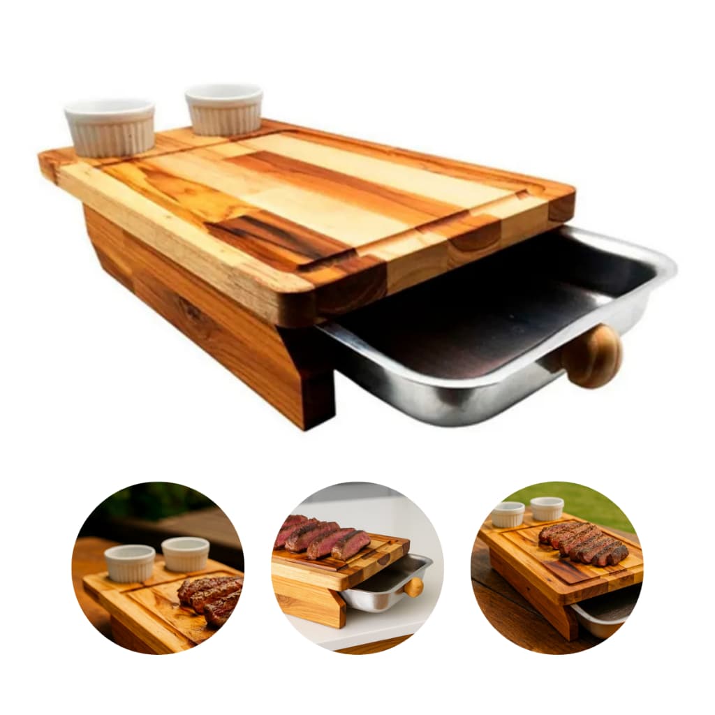 Tábua de Corte de Carne Para Churrasco Com Gaveta para Servir e Ramequim Duplo Madeira Nobre
