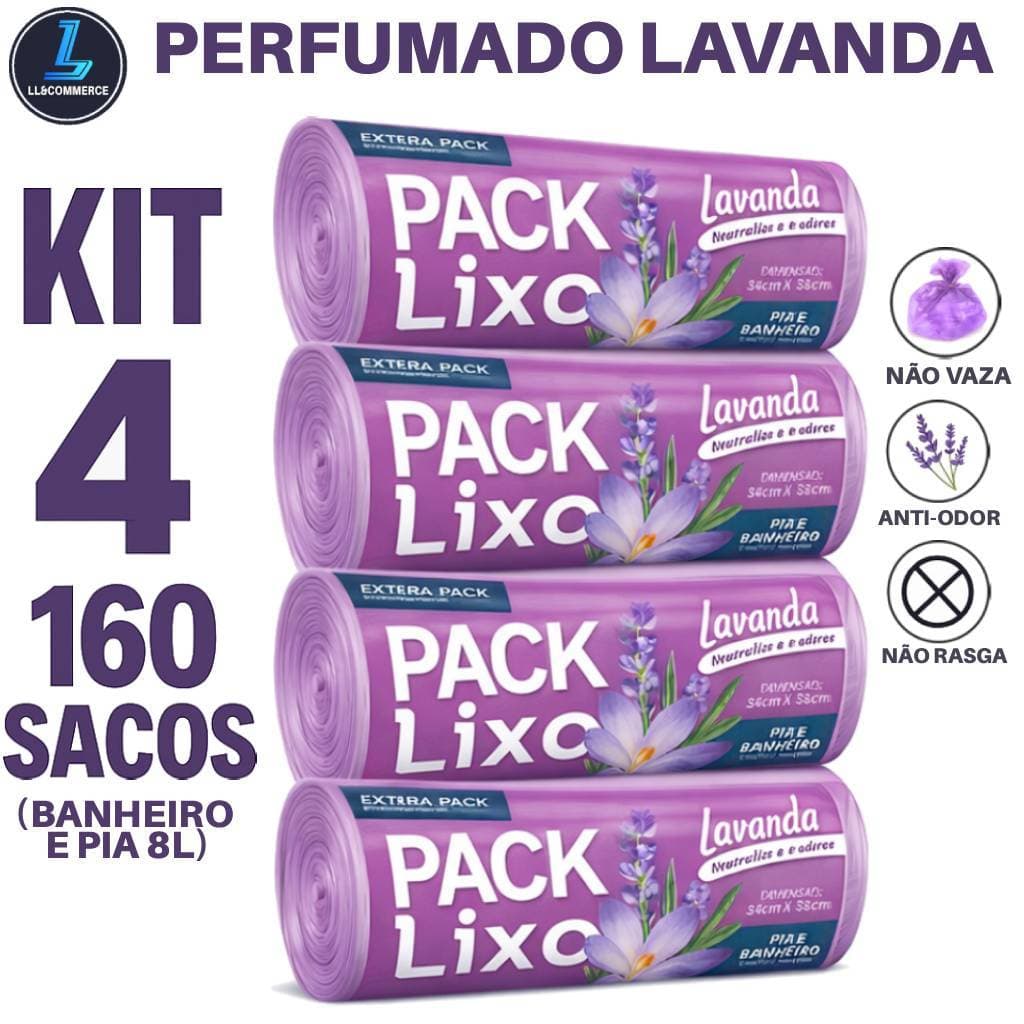 Kit 4 Saco de Lixo Lavanda 8L 160 Sacos Banheiro Pia Reforçado Anti-Odor Não Vaza