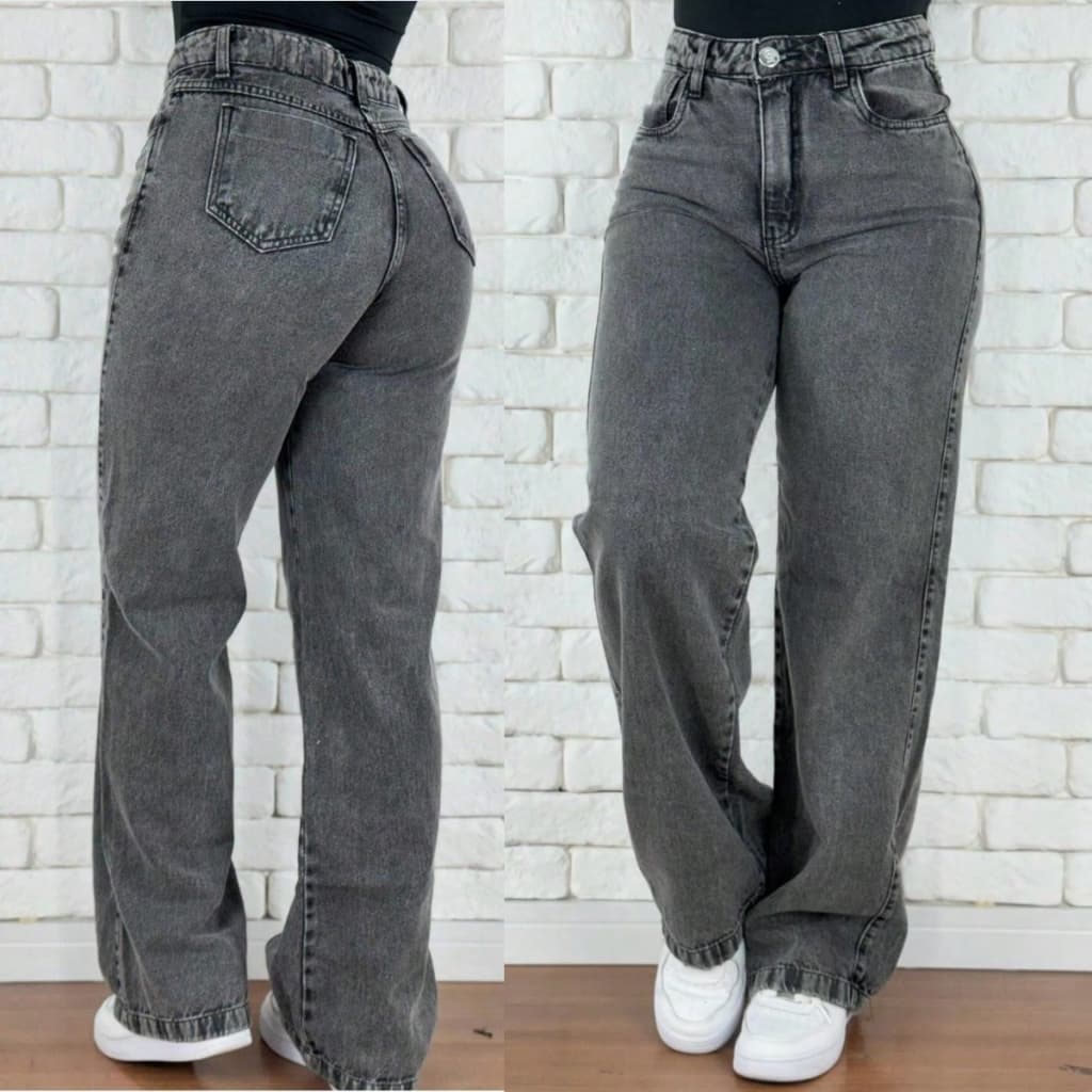 Calça Jeans Feminina Wide Leg Marmorizada Cintura Alta Empina Bumbum