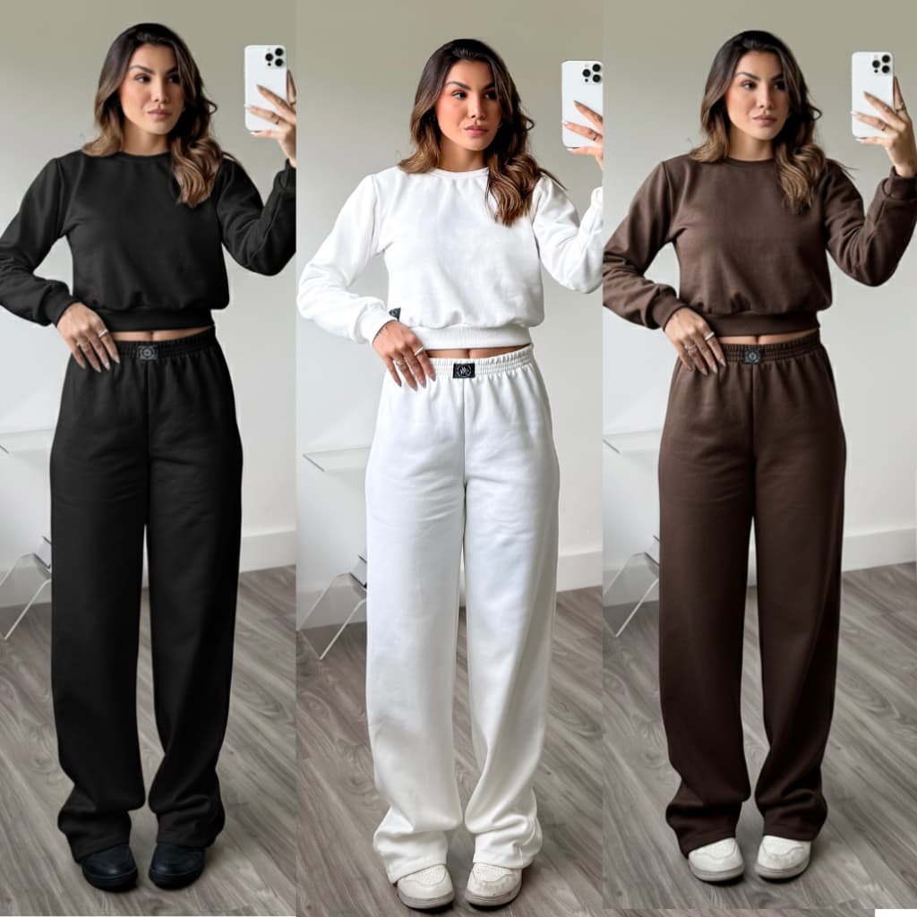 Conjunto Moletom Feminino Blusa manga longa Flanelado Veludo sem bordado cropped + calça pantalona