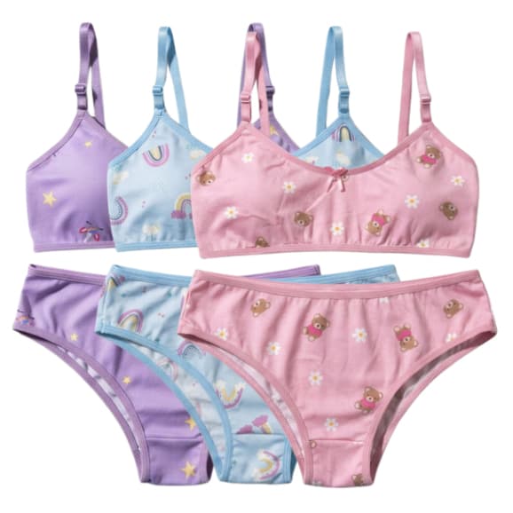 Kit 3 Conjuntos Calcinha e Sutiã Menina Moça sem bojo Infantil Juvenil Criança Barato