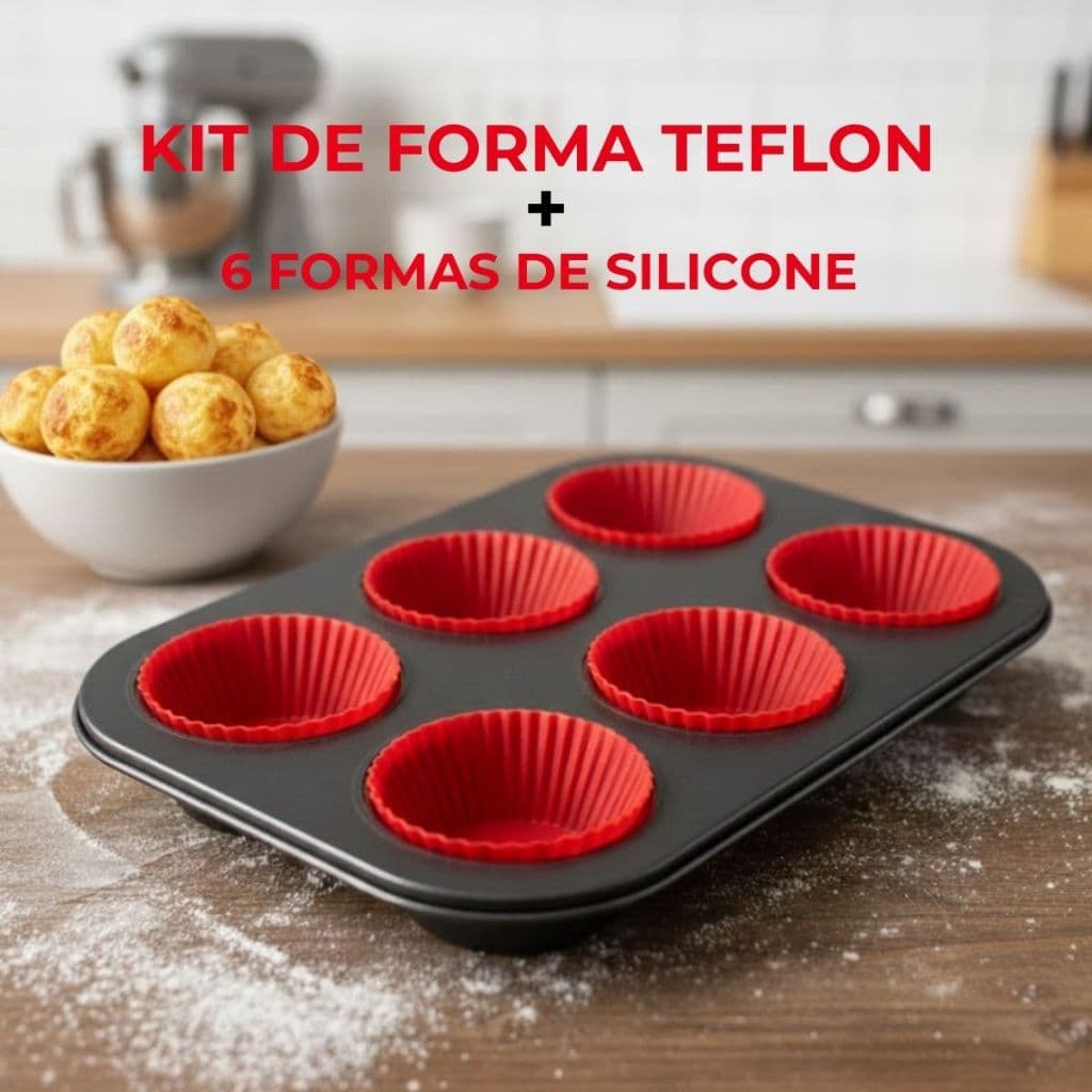Forma Cupcake Antiaderente + 6 Forminhas Silicone Kit Assadeira Teflon Cozinha Pão de Queijo Muffin Petit Gateou Aço