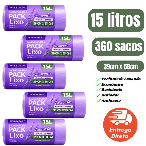Kit Saco de Lixo Perfumado 15L Lavanda 2/3/4/6 Cheiroso Anti Inseto Neutraliza Odor