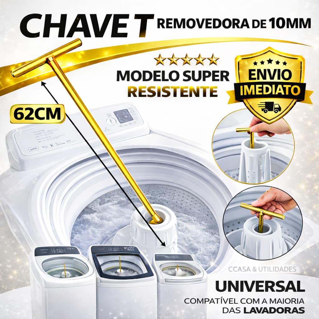Chave T Longa 62cm 10mm Ferramenta Profissional pra Remover Agitador de Máquina de Lavar Brastemp Electrolux