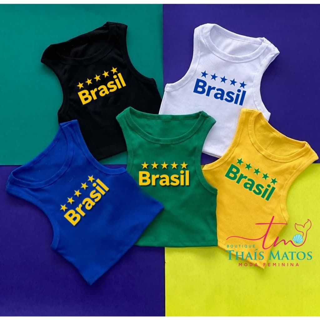 Camiseta Regata Top Cropped Brasil Canelada Premium Cores Vivas Verão