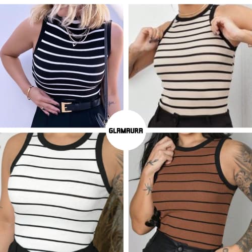 Kits  Camiseta Regata Feminina Listrada Canelada – Blusa Básica Ribana regata casual