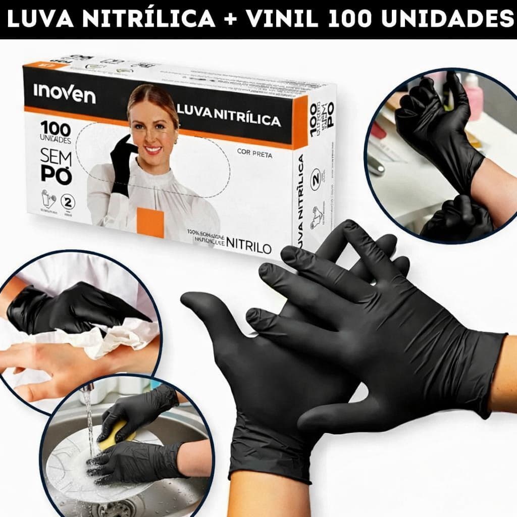 Luva Vinil Preta Descartável Sem Pó Resistente 100 Unidades