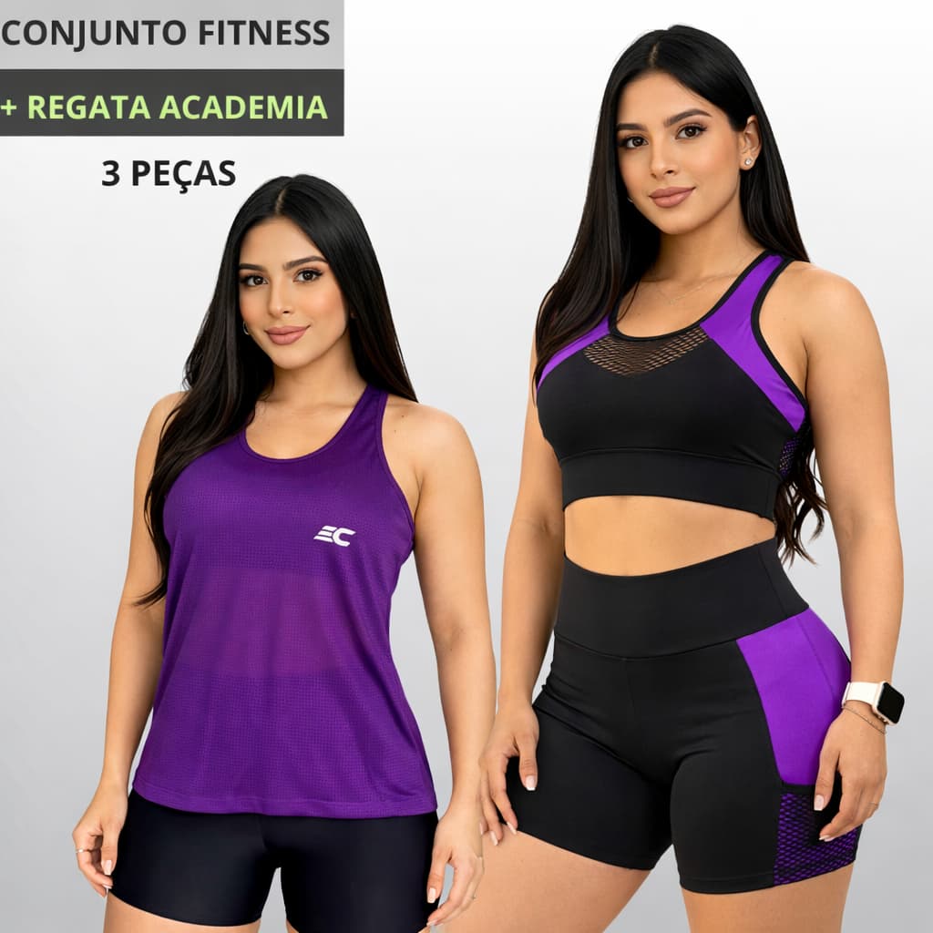 Kit 3 peças Top + Short Com Bolsos Laterais + Regata Dry Fit de brinde Fitness Feminino Treino Academia Cross Fit