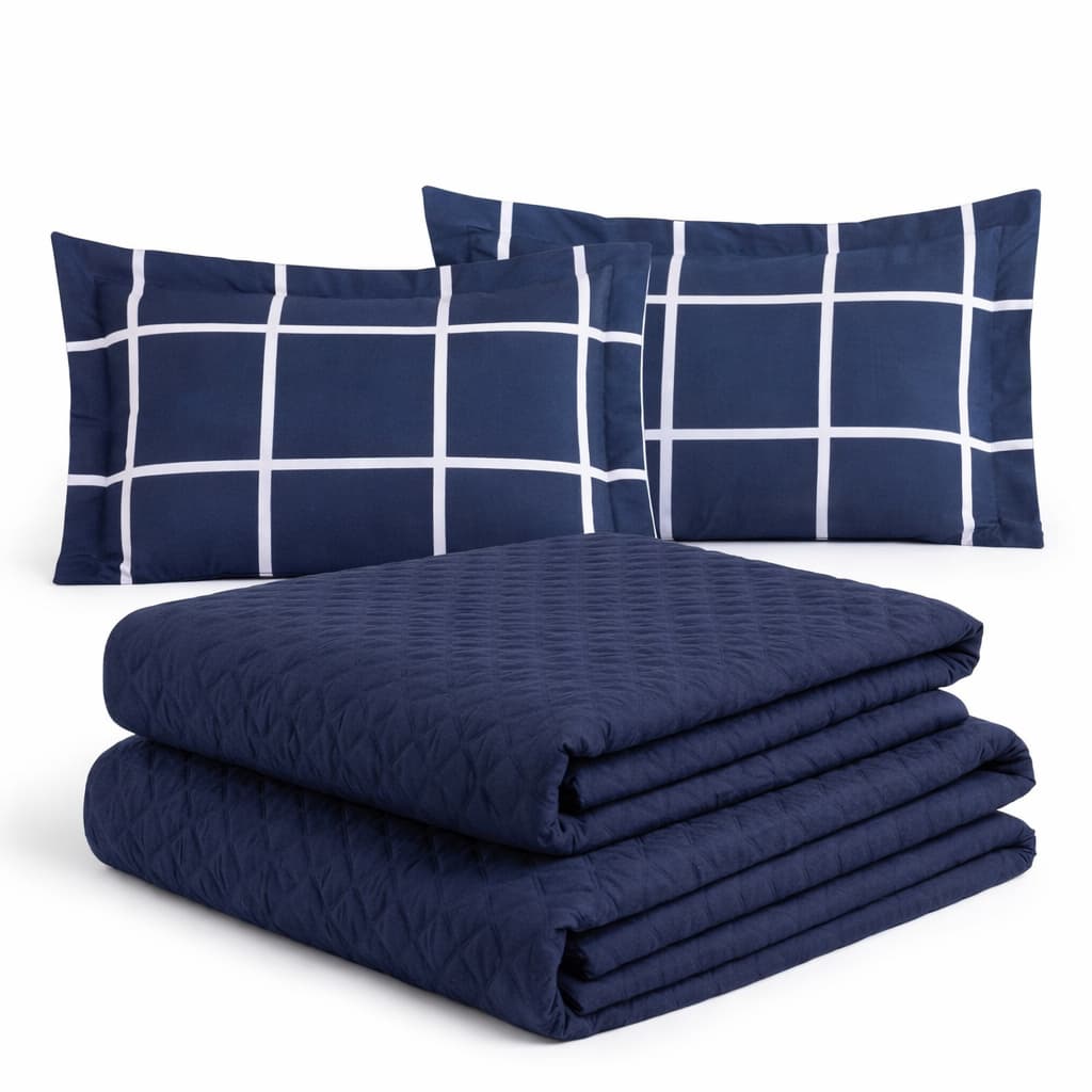 Kit Colcha Cocha Cobre Leito Jogo Roupa Cama Casal 5 Pçs Matelado Dupla Face Macio Basico Marinho