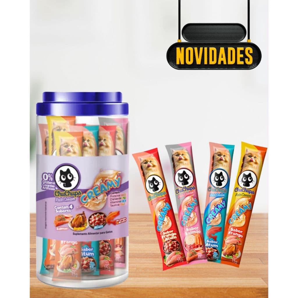 Petisco Para Gatos ChuChups Cream Pote Sortido com 4Tubos de 15g Lançamento Tipo Churu e Truly