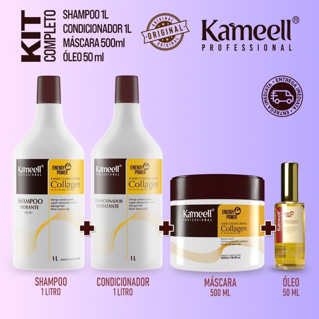Kit Kameell Colágeno Completo – Shampoo 1L + Condicionador 1L + Máscara 500ml + Óleo 50m