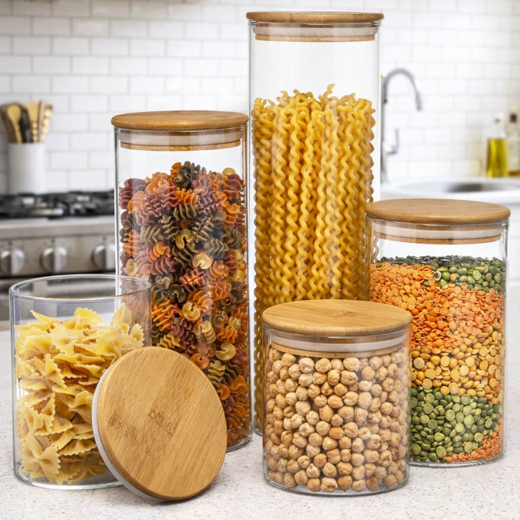 Jogo 5 Potes Hermetico Vidro Cozinha Mantimentos Tampa Bambu