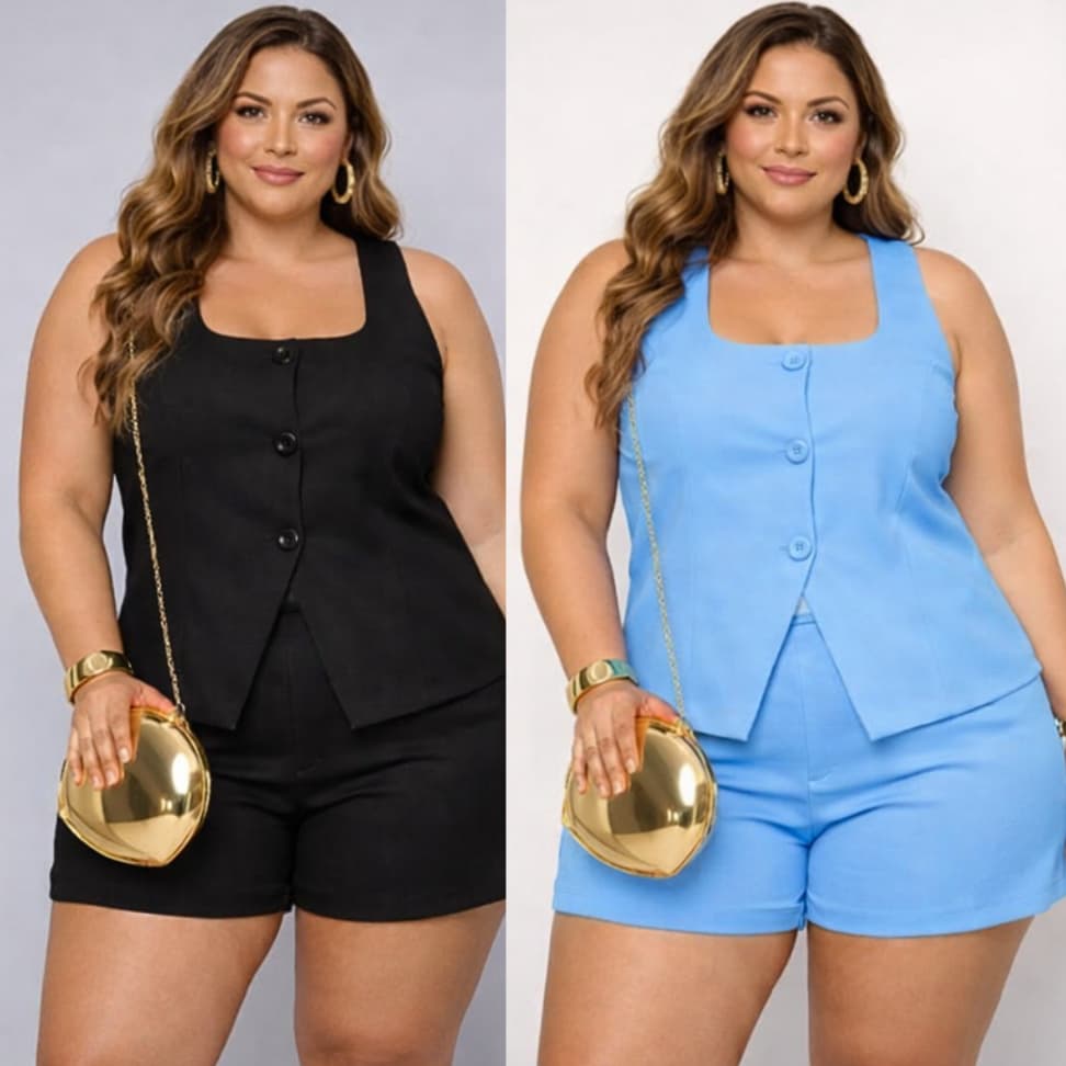 Conjunto Ana Alfaiataria Plus Size e Slim Colete com Botões e Short com Zíper Moda Casual Verão Look Moda Mulher Verão