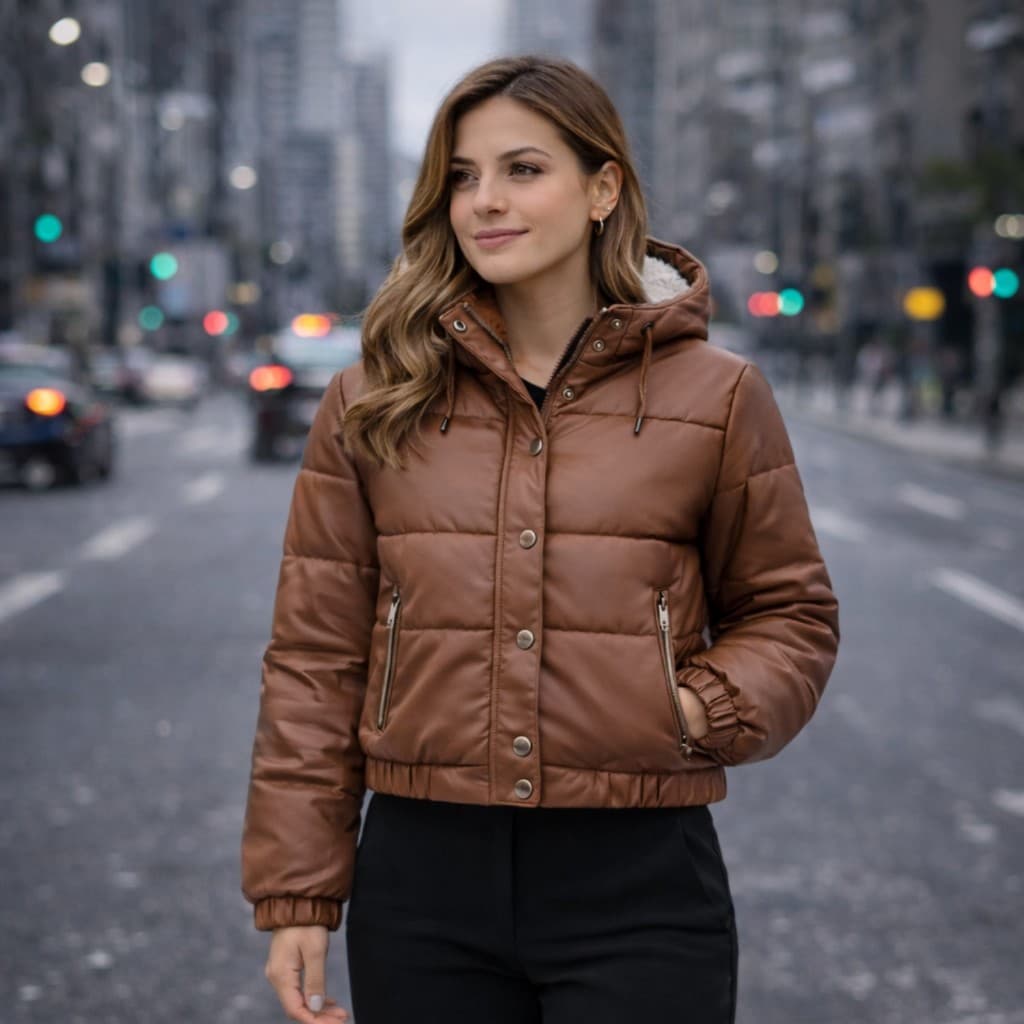 Jaqueta de Couro Feminina Puffer Bobojaco Cropped Peluciada Capuz Removivel