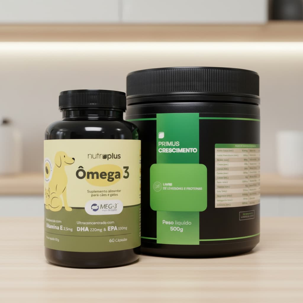 Kit Nutroplus: Suplemento Alimentar Ômega 3 60 Caps + Suplemento Natural P/ Cães Crescimento 500g