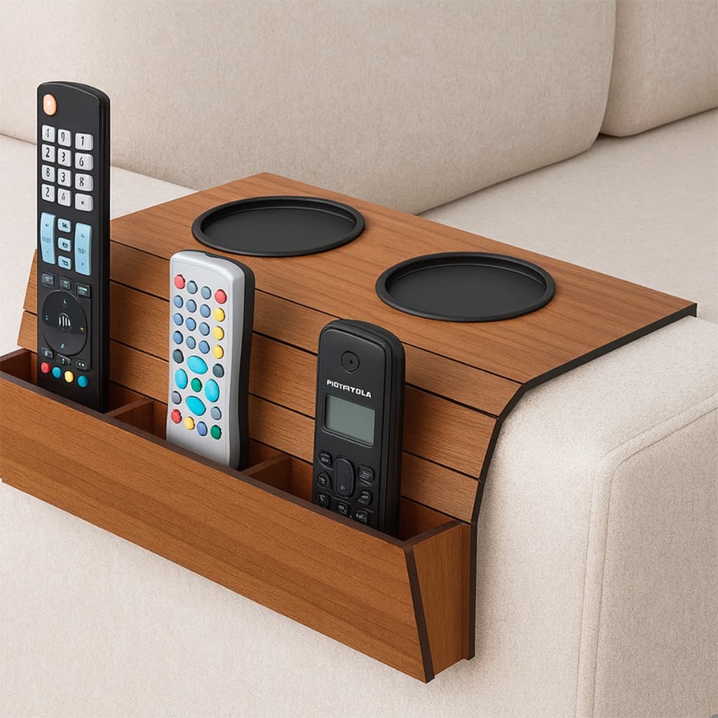 Esteira Apoio De Braço Sofá MDF Com Porta Copos E Porta Controle Organizador Bandeja Flexível Diversas Cores
