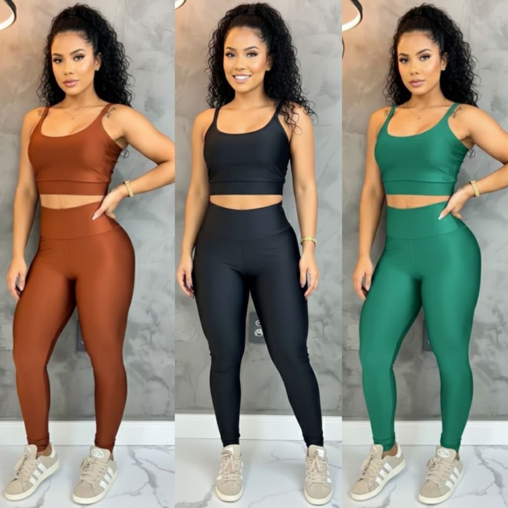 Conjunto Top e Calça Fitness Feminino Com Bojo Removível Legging Suplex Cós Alto Zero Transparência