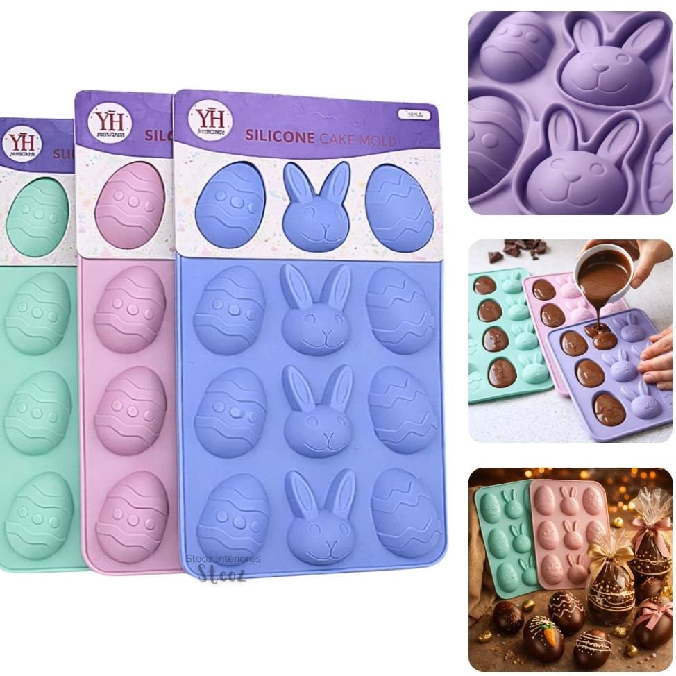 kit 1 ou 3 Molde  sortido Silicone Páscoa 12 Cavidades Ovos Coelhinhos Chocolate Artesanato Forma Silicone antiaderente
