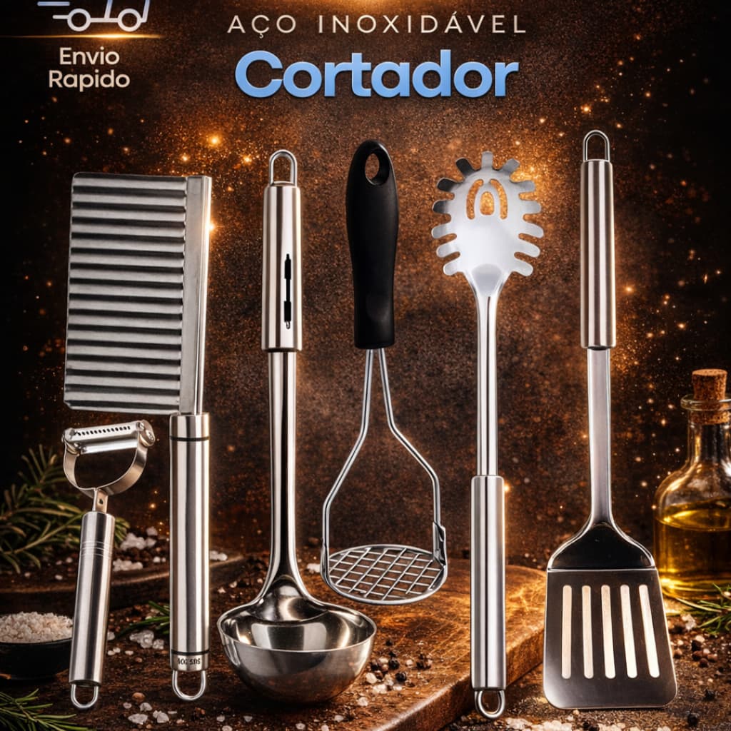 kit Utilidades Domestiscas 6 Peças de Utesilios Para sua Cozinha Ainda Mais Completa Material Inox