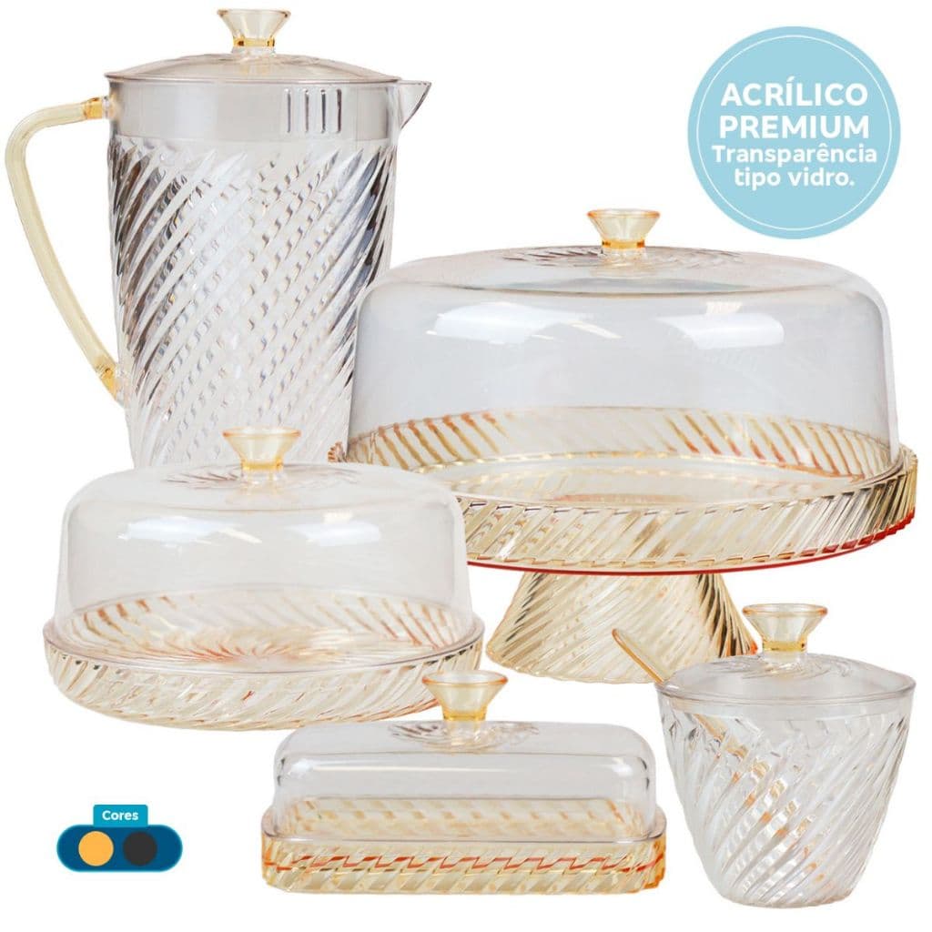 Kit Boleira Alta + Queijeira + Jarra 2 Litros + Manteigueira + Açucareiro Em Acrílico Resistente