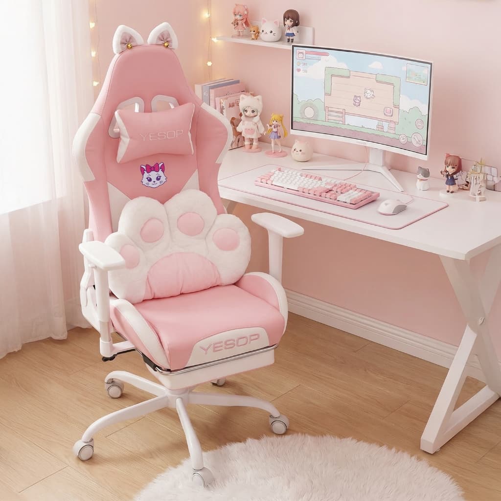 YESOP Cadeira Gamer Rosa Gato com Apoio de Pés Reclinável 135° Pelúcia e Orelhas Super Fofa