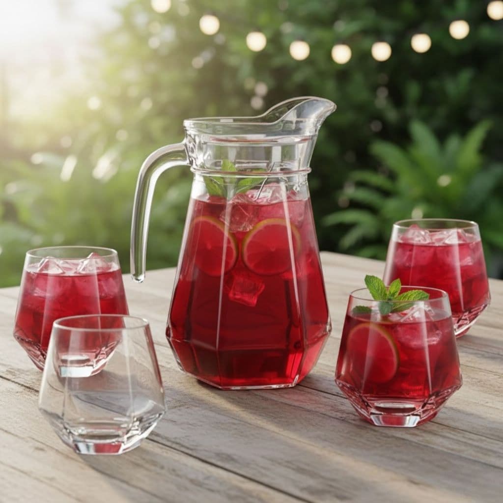 Jarra de Vidro com Tampa + 4 Copos Luxo Cozinha 1L e 260ML Agua Suco Mesa Posta Diamond Kit Conjunto