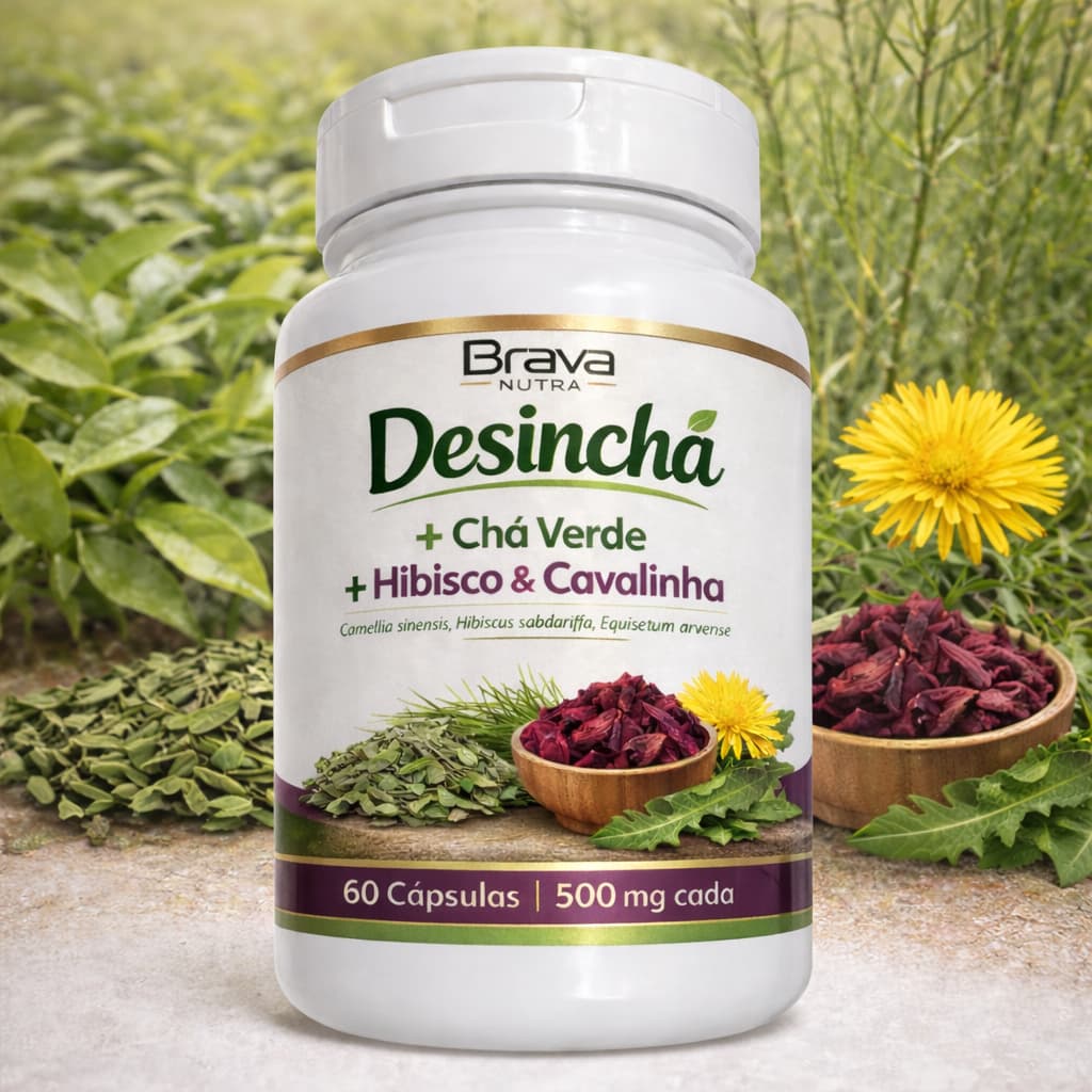 Desinchá Natural Brava Nutra | Chá Verde + Hibisco + Cavalinha | Reduz Inchaço | 60 Cápsulas