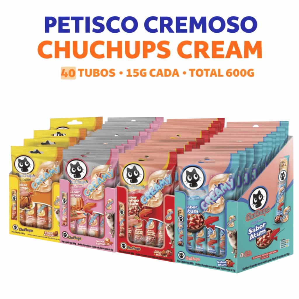 Petisco Gato Chuchups Cream 40x15g Sabores Atum, Salmão, Frango, Frango com Atum