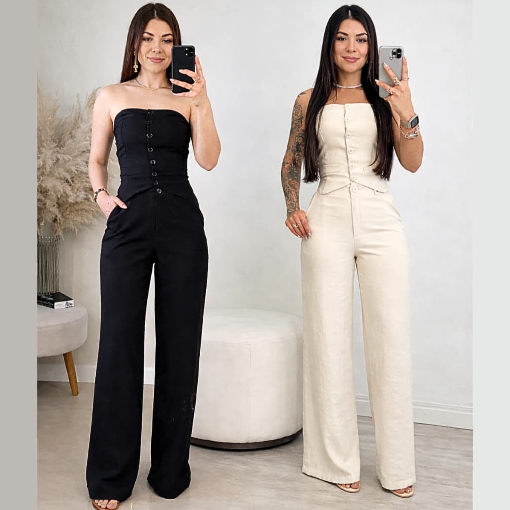 Conjunto Alfaiataria Cropped Tomara que Caia Social  Feminino Calça Pantalona Blusa Elástico Lastex Botão Moda Mulher