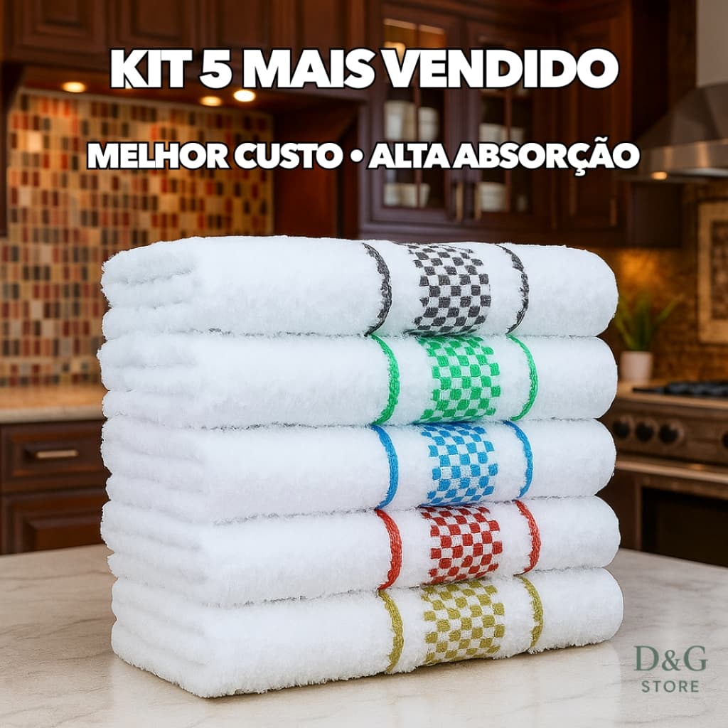 Kit 5 Panos de Prato Copa Xadrez 45x70 Jacquard Atoalhado Toalha De Cozinha