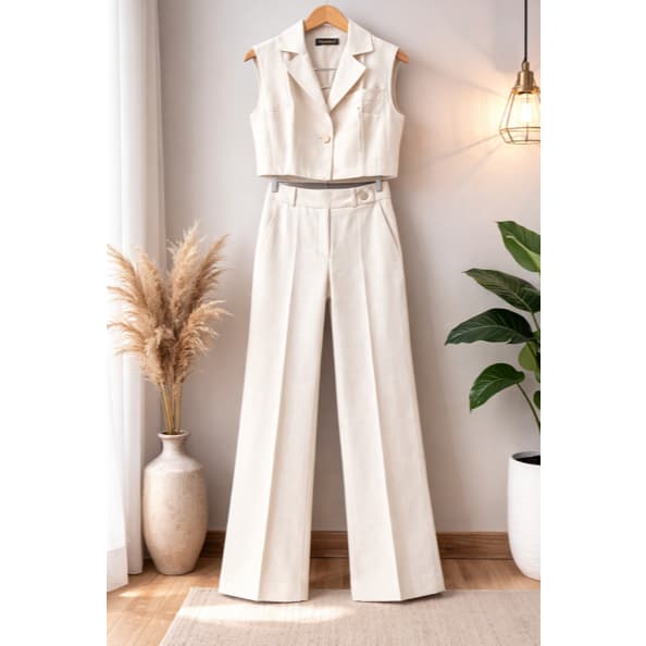 Conjunto feminino em marrant calça com bolsos cintura alta e colete com botão