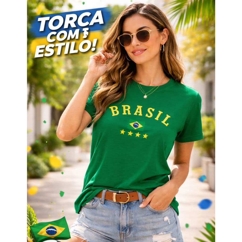 Camiseta Brasil Feminina Verde Torcida Estilosa Copa 2026 Algodão Premium Confortável