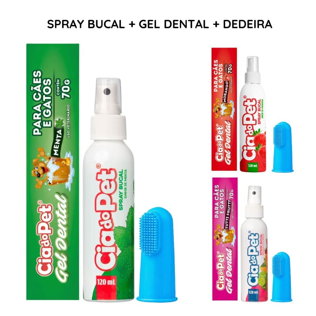 Kit Higiene Dental Pet para Cachorro e Gato Gel Dental 70g + Spray Bucal 150ml + Dedeira Cia do Pet