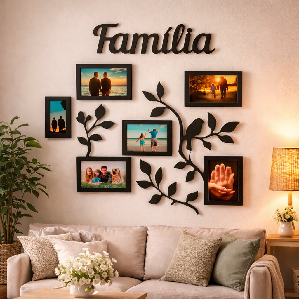 Painel Porta Retrato Parede MDF Familia 6 Fotos Decorativo Moldura Preta Galhos Enfeite Sala Quarto Grande Organizador