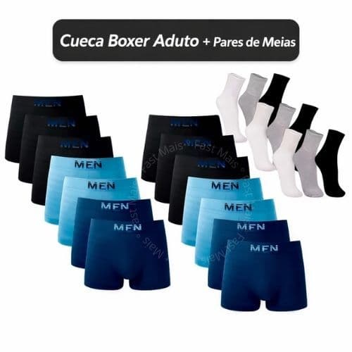 Kit 10 Cuecas Boxer Microfibra Adulto + 12 Pares Meias Algodão