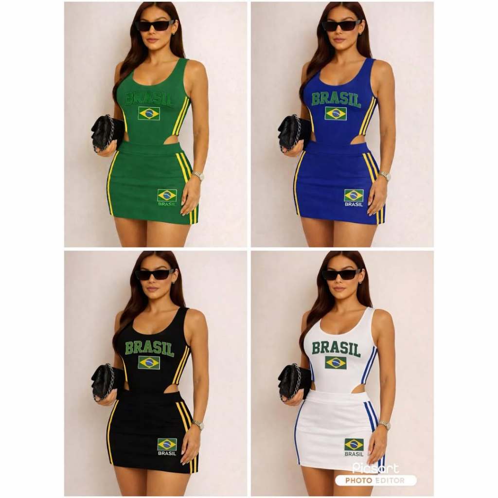 Conjunto Body e Saia Brasil Copa – Moletinho com Elastano, Modelagem Ajustada e Confortável