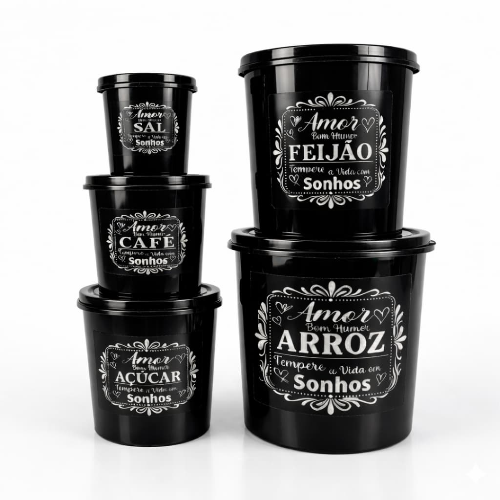 Kit 5 Potes Porta Mantimentos  Cada – Plástico Resistente – Arroz, Feijão, Açúcar, Café  para Cozinha